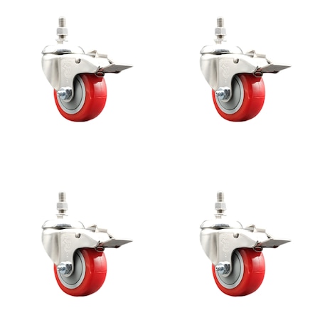Service Caster 3.5 Inch 316SS Red Polyurethane Swivel 3/8 Inch Stem Caster Set Lock Brake SCC SS316TSTTL20S3514-PPUB-RED-381615-4